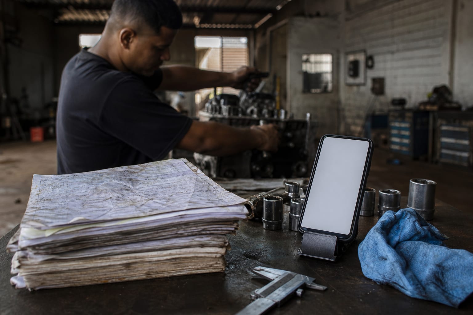 Bloco de formulários carbonado engordurado ao lado de um celular sobre a bancada da oficina