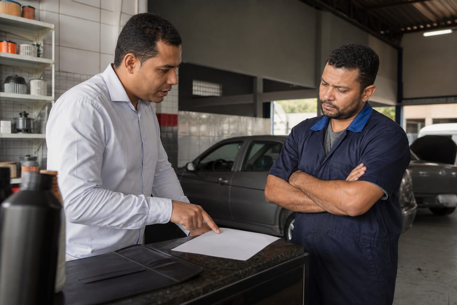 Cliente e dono de oficina conversando de forma tensa no balcão sobre um documento