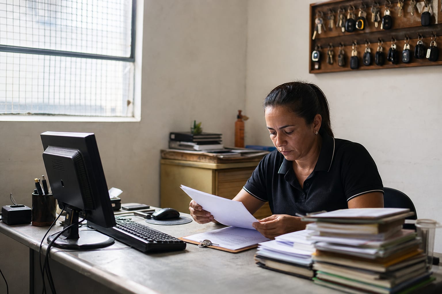Administradora de oficina lendo documentos no escritório junto ao box