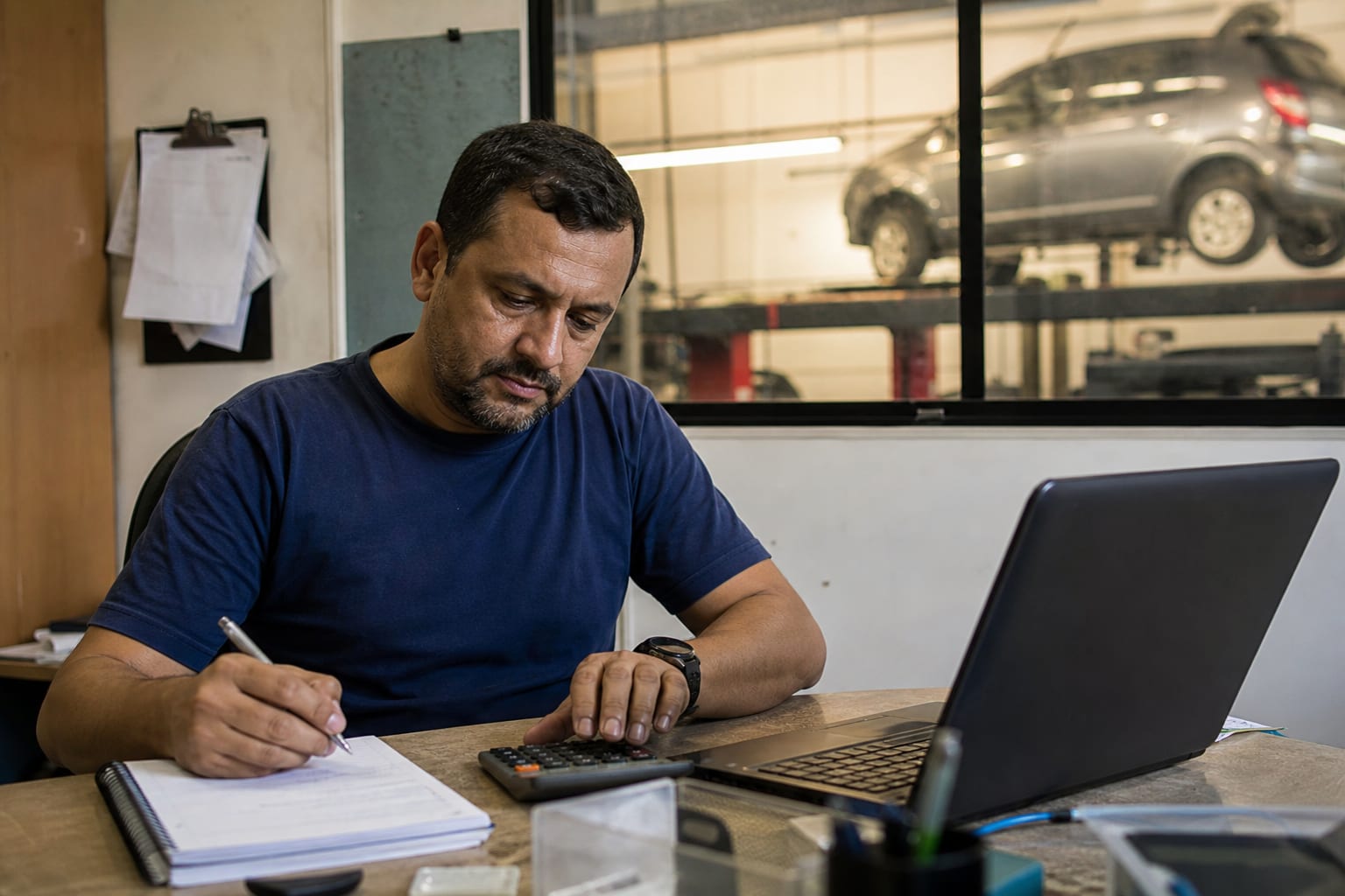 Dono de oficina fazendo contas na mesa do escritório com o box ao fundo